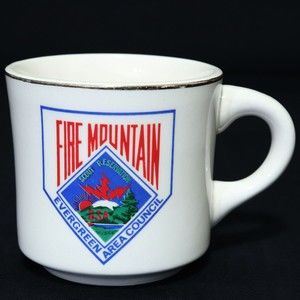 Boy Scouts VTG BSA Ceramic Mug Fire Mountain Evergreen Area Council Cup Gold Rim